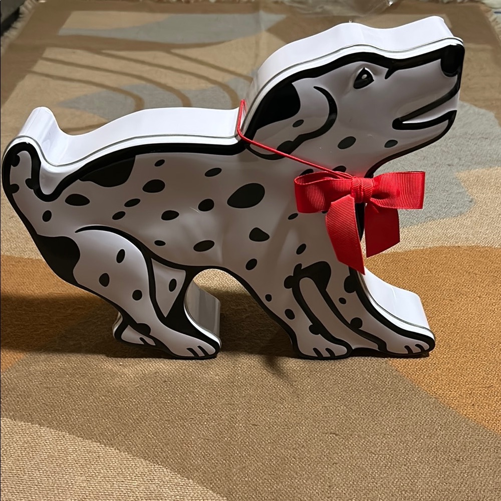 Clean Collectable Dalmatian Dog Shaped Tin with Red Bow, perfect gift packaging!